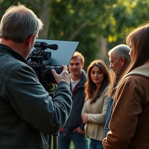 A director working with actors on set, focusing on performance and character development.