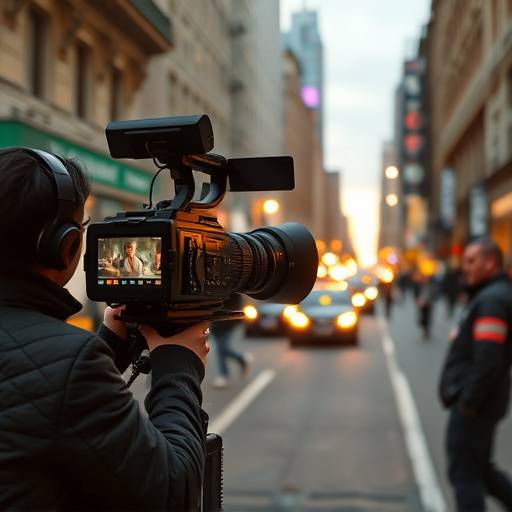 A film camera crew setting up a shot in a bustling city location.