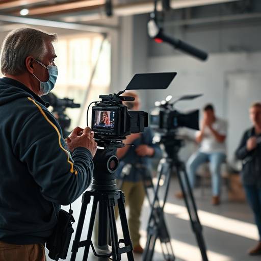 Behind the scenes shot of a film set, showing the director giving instructions.